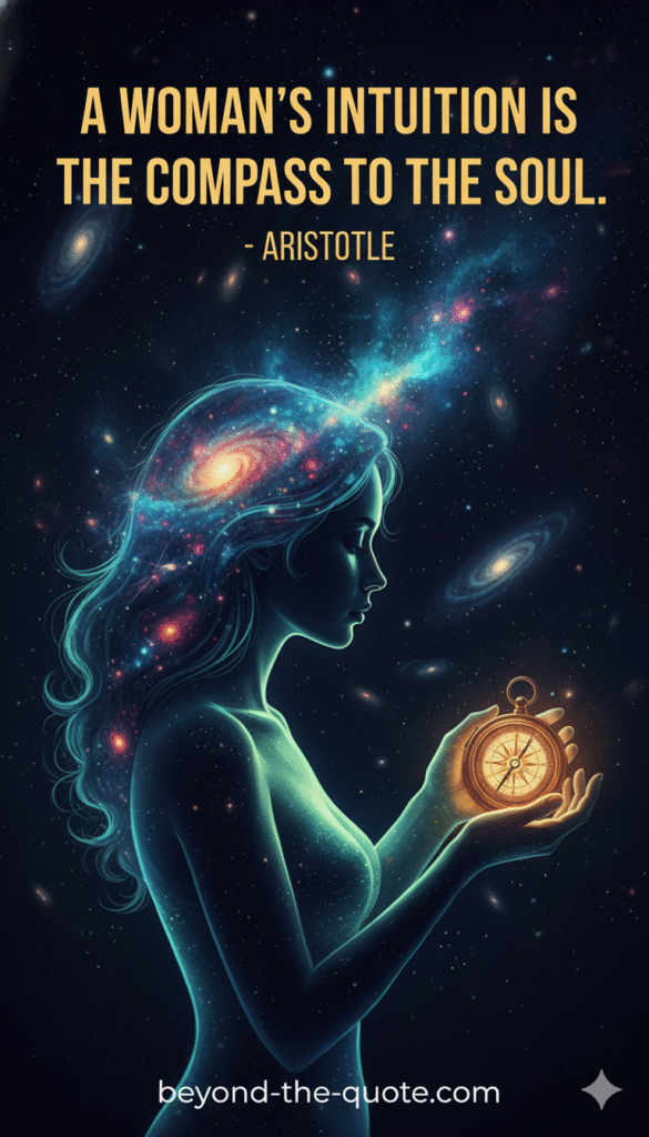 A stylized image of a woman's profile with swirling cosmic hair and a glowing body holding a compass, with the quote A woman's intuition is THE compass to the soul. - ARISTOTLE