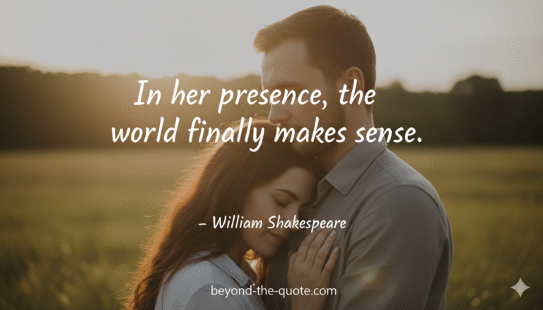 A couple embraces lovingly in a sun-drenched field with the quote In her presence, the world finally makes sense. - William Shakespeare
