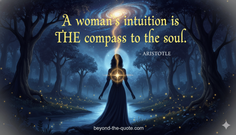 A woman stands in a mystical forest at night, with a glowing compass star over her back, looking up at a swirling galaxy in the sky.