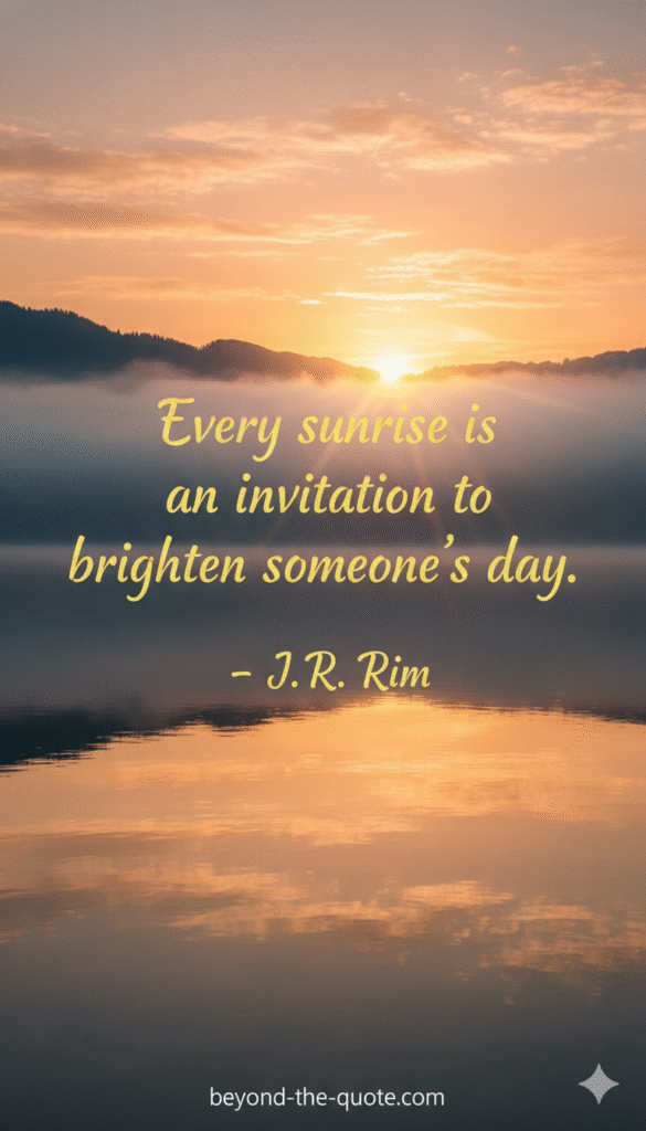 A quote graphic featuring a misty sunrise over a calm lake with Every sunrise is an invitation to brighten someone's day. J.R. Rim