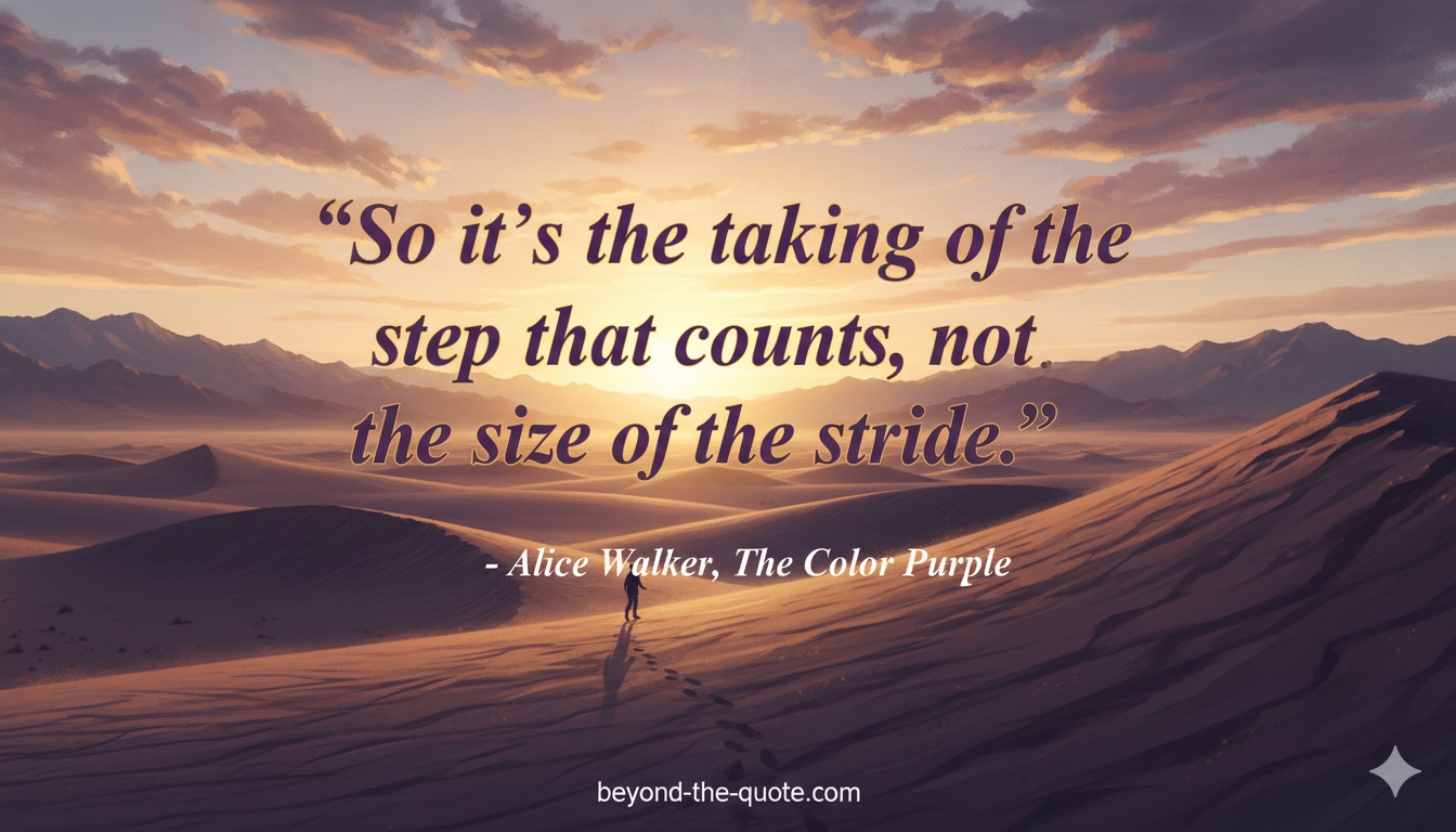 A lone figure walks across sand dunes at sunset, with a quote about taking steps