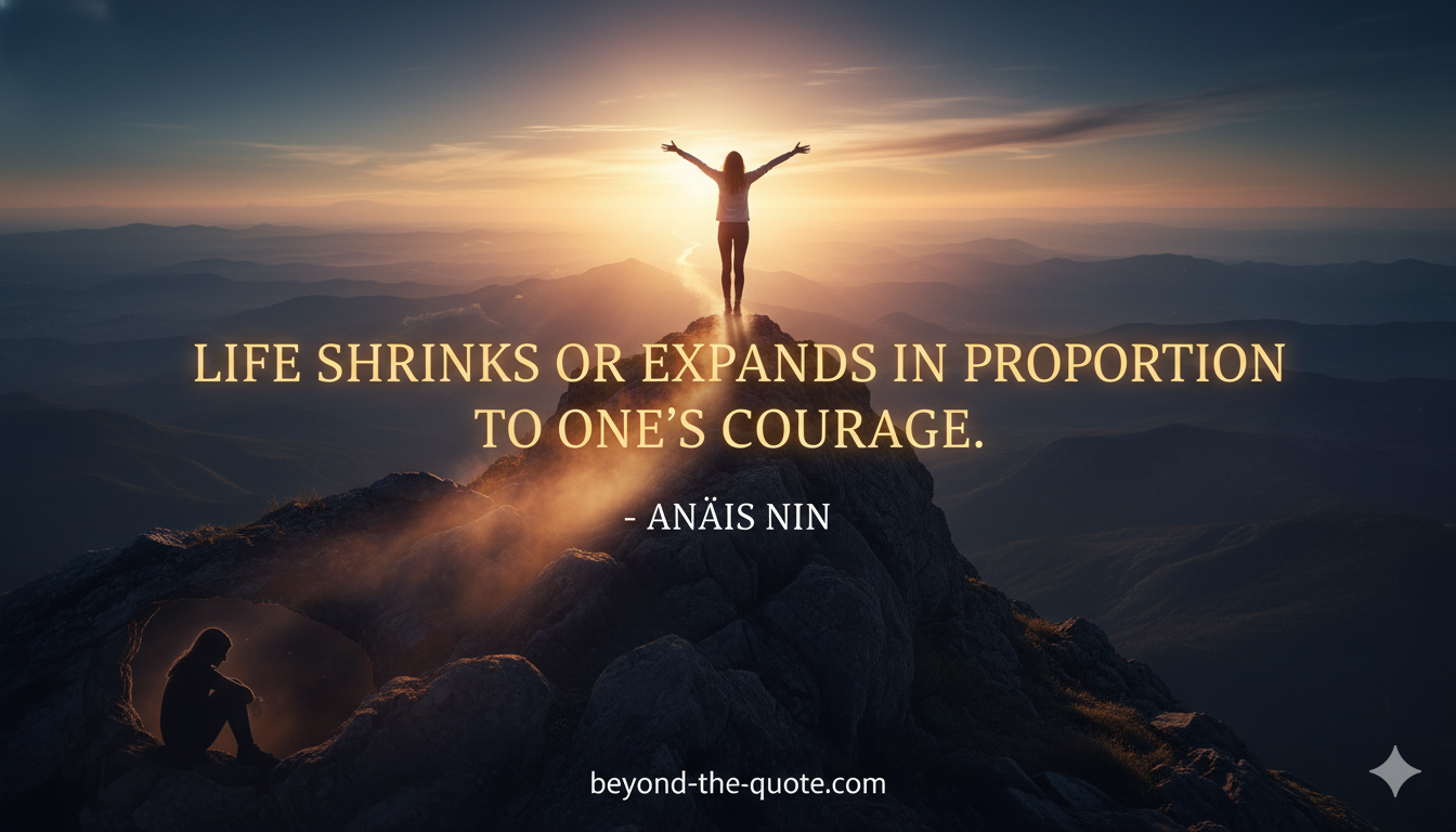 A lone woman stands triumphantly atop a sun-drenched mountain peak, arms outstretched, while another figure sits dejectedly in a cave below, symbolizing the quote "Life shrinks or expands in proportion to ONE's courage." by Anaïs Nin,