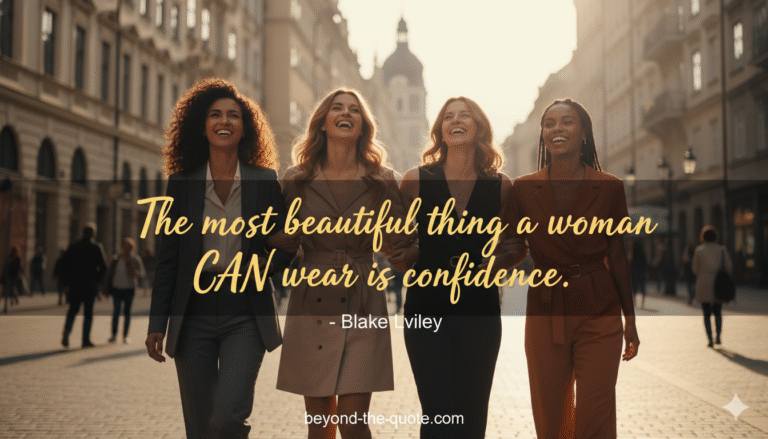 Four diverse women walking arm-in-arm down a sunny city street, smiling confidently, with the quote "The most beautiful thing a woman CAN wear is confidence." - Blake Lively