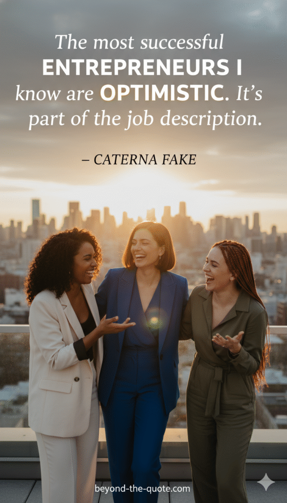 
An image of three women in business attire standing on a rooftop with a city skyline in the background, overlaid with an entrepreneurial quote