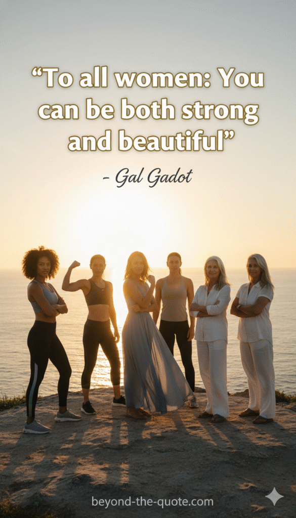 An image showing a group of diverse women laughing and smiling in a sun-drenched field of flowers, with one woman in the foreground flexing her bicep, and the quote by Gal Gadot