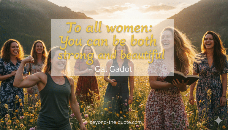 An image showing a group of diverse women laughing and smiling in a sun-drenched field of flowers, with one woman in the foreground flexing her bicep, and the quote by Gal Gadot