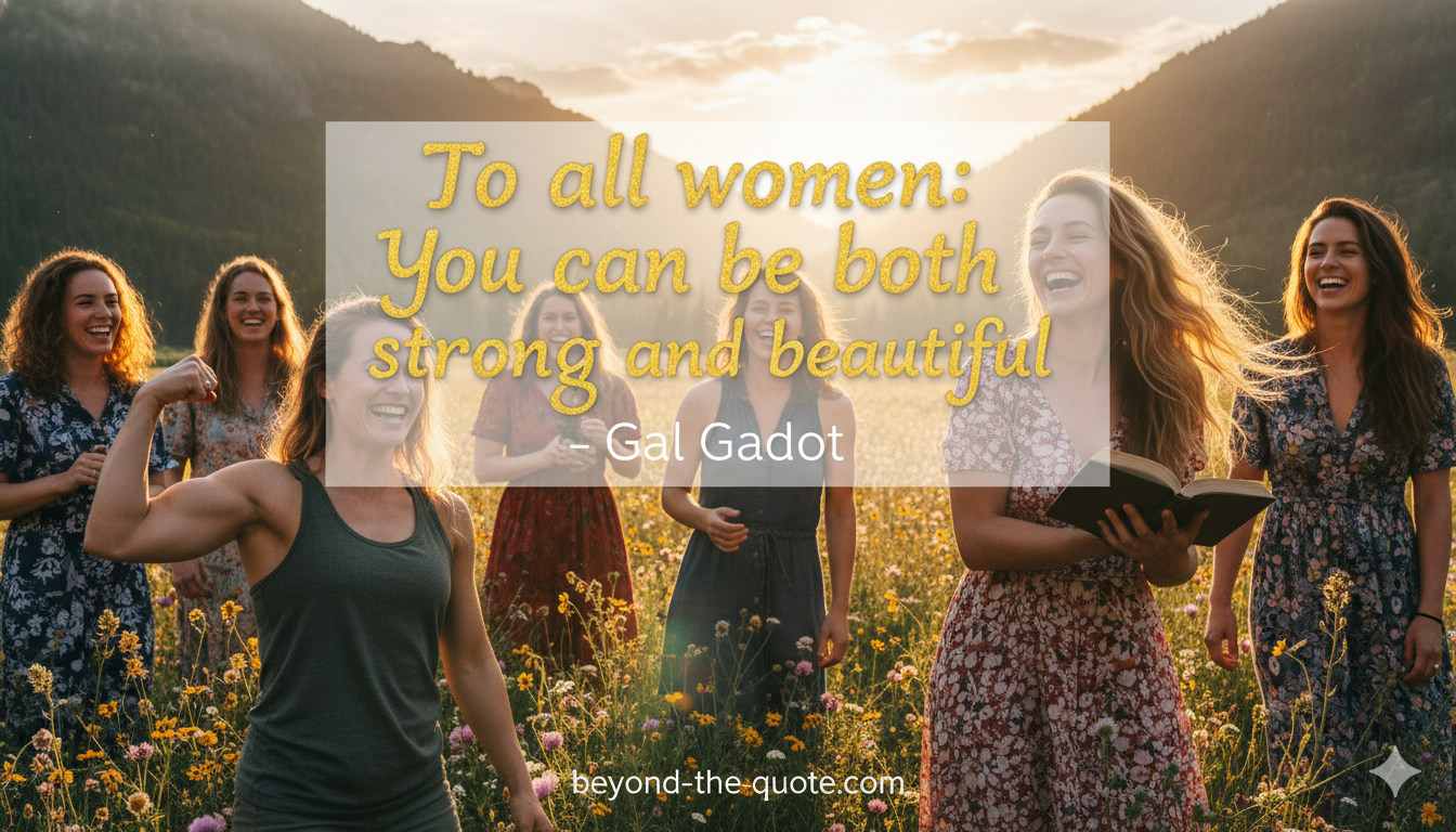An image showing a group of diverse women laughing and smiling in a sun-drenched field of flowers, with one woman in the foreground flexing her bicep, and the quote by Gal Gadot