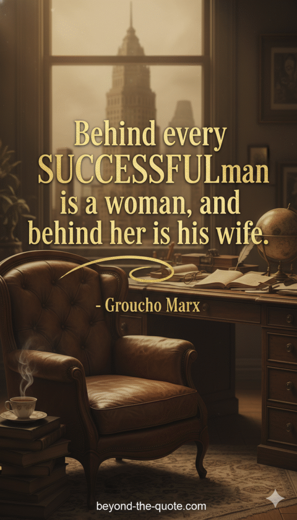 A sophisticated and warm study with a vintage armchair, a desk with a globe, and a city view through a large window, featuring the quote "Behind every SUCCESSFUL man is a woman, and behind her is his wife." by Groucho Marx