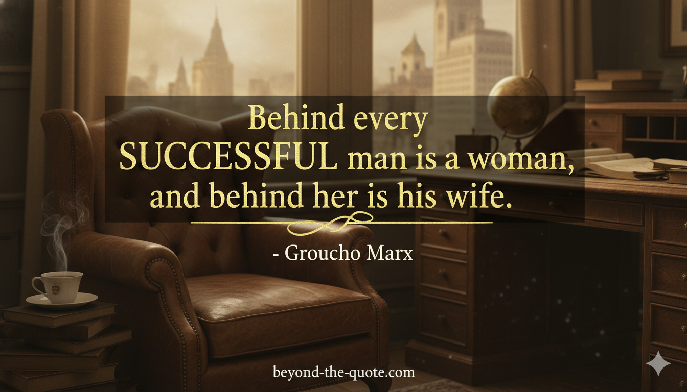 A sophisticated and warm study with a vintage armchair, a desk with a globe, and a city view through a large window, featuring the quote "Behind every SUCCESSFUL man is a woman, and behind her is his wife." by Groucho Marx
