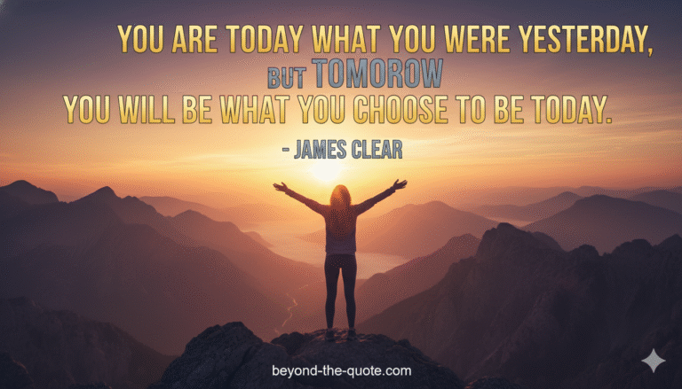 A woman stands atop a mountain, arms outstretched towards a rising sun, with an inspirational quote about choosing one's future.