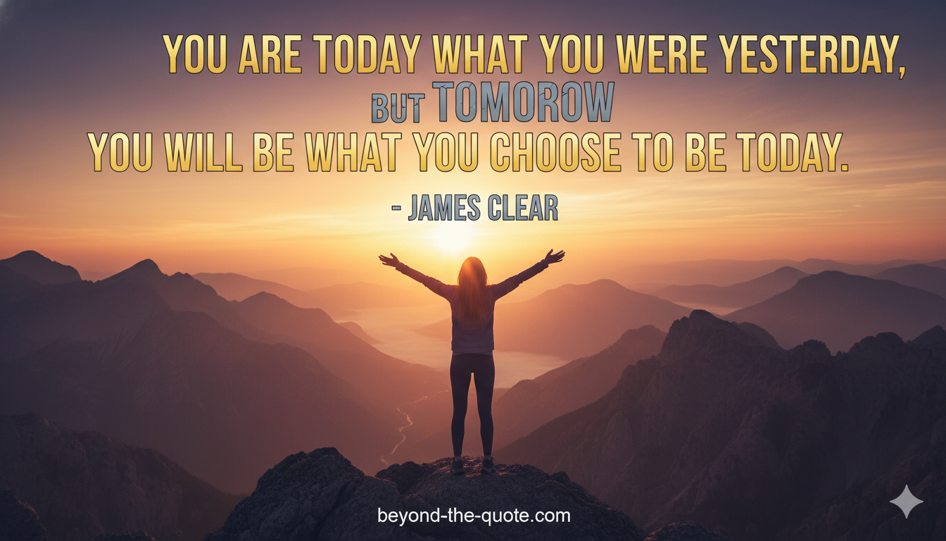 A woman stands atop a mountain, arms outstretched towards a rising sun, with an inspirational quote about choosing one's future.