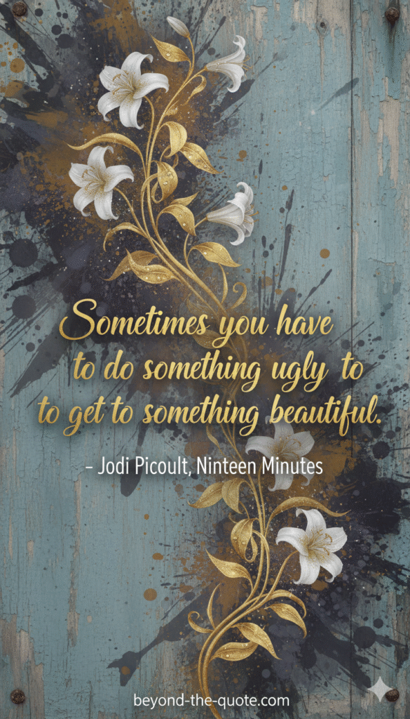 A quote by Jodi Picoult on a rustic background with elegant floral accents.