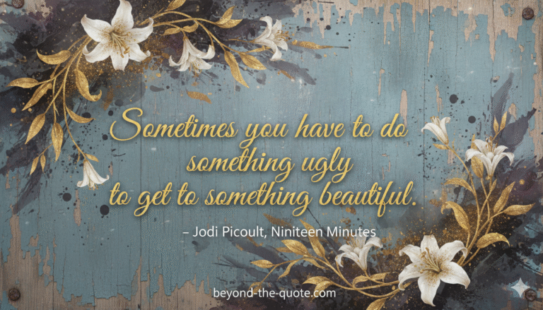 A quote by Jodi Picoult on a rustic background with elegant floral accents.