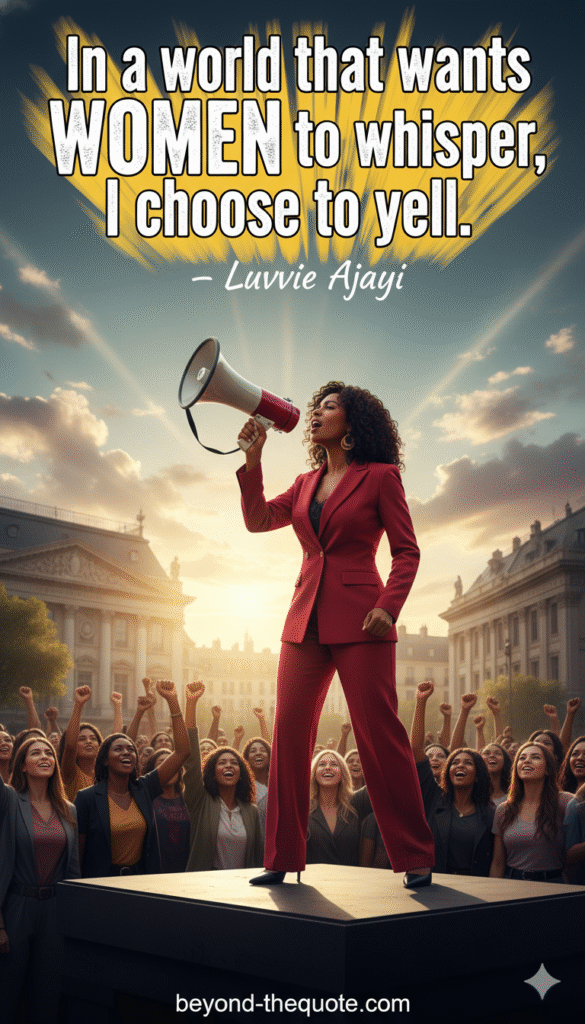 An inspiring image of five diverse women on a brightly lit stage, actively speaking and receiving applause, with Luvvie Ajayi's quote "In a world that wants WOMEN to whisper, I choose to yell."