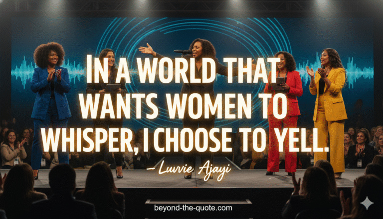 An inspiring image of five diverse women on a brightly lit stage, actively speaking and receiving applause, with Luvvie Ajayi's quote "In a world that wants WOMEN to whisper, I choose to yell."