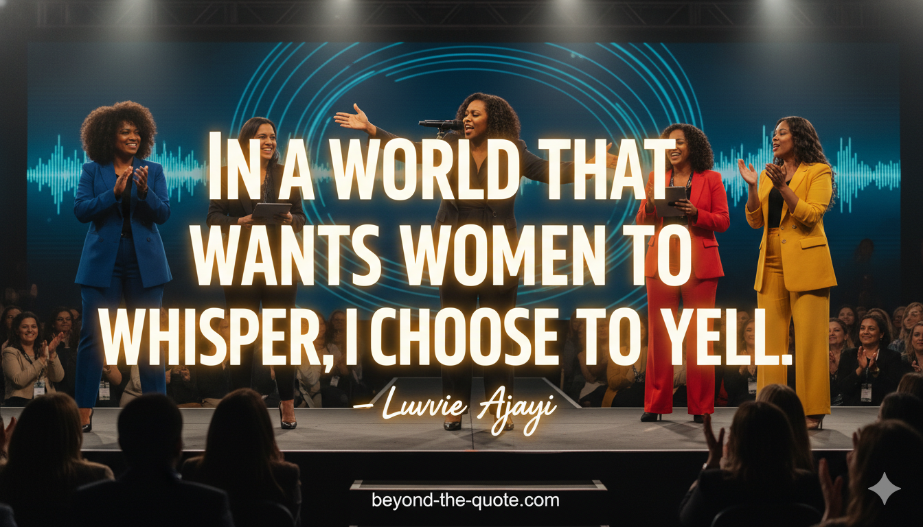An inspiring image of five diverse women on a brightly lit stage, actively speaking and receiving applause, with Luvvie Ajayi's quote "In a world that wants WOMEN to whisper, I choose to yell."