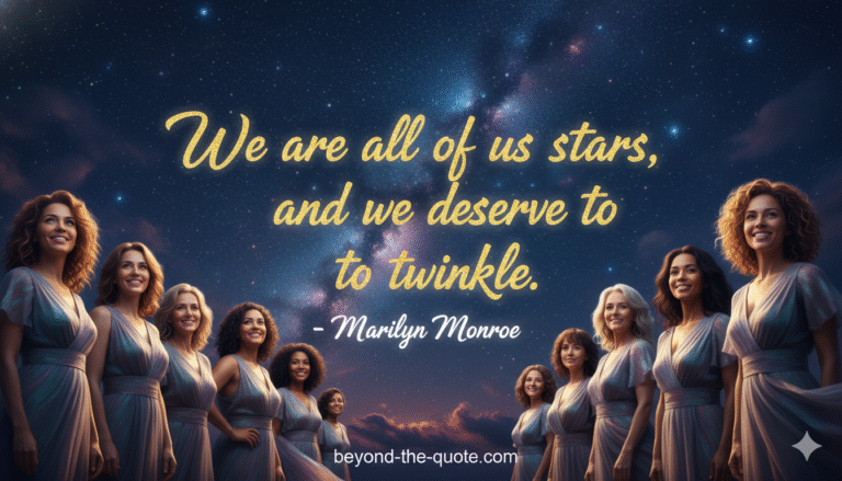A group of diverse women in elegant gowns stand beneath a starry night sky, with Marilyn Monroe's quote "We are all of us stars, and we deserve to twinkle."