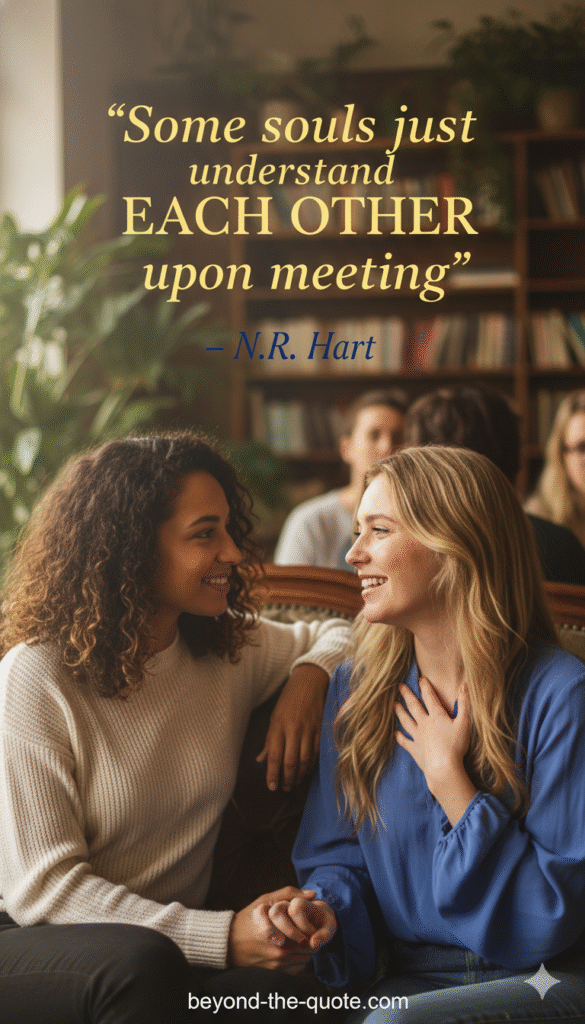 Two women smiling and looking at each other in a cozy cafe with the quote "Some souls just understand EACH OTHER upon meeting" by N.R. Hart