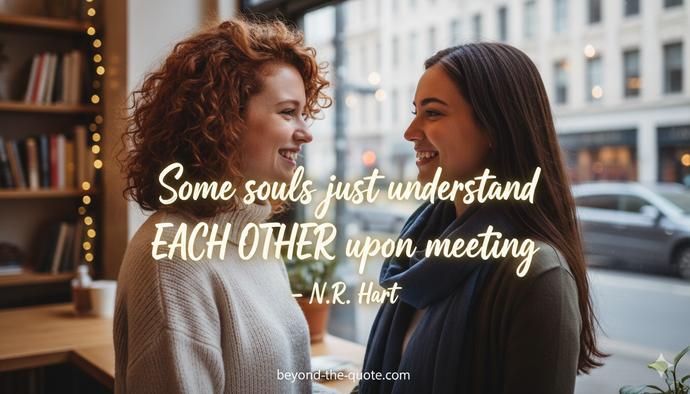 Two women smiling and looking at each other in a cozy cafe with the quote "Some souls just understand EACH OTHER upon meeting" by N.R. Hart
