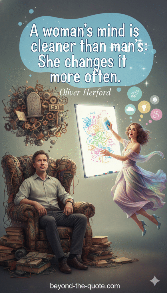 An illustrative image featuring a man in a cluttered, gear-filled armchair on the left, looking overwhelmed, contrasted with a woman elegantly erasing a whiteboard full of ideas on the right, with the quote "A woman's mind is cleaner than a man's: She changes it more often." - Oliver Herford