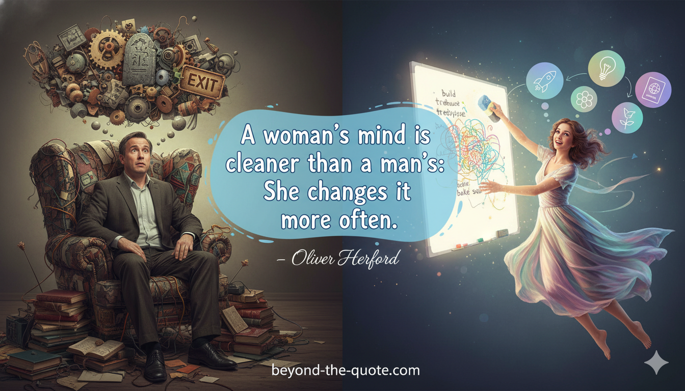 An illustrative image featuring a man in a cluttered, gear-filled armchair on the left, looking overwhelmed, contrasted with a woman elegantly erasing a whiteboard full of ideas on the right, with the quote "A woman's mind is cleaner than a man's: She changes it more often." - Oliver Herford