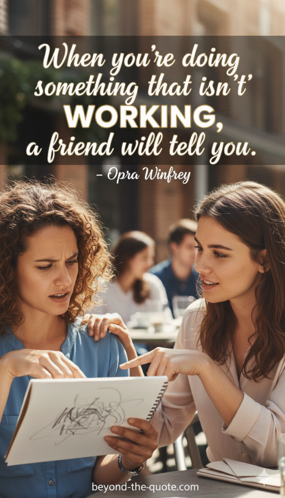 A supportive image of two women, one gently advising the other on a porch swing, with Oprah Winfrey's quote about friendship and truth