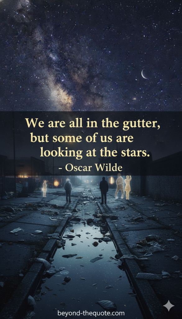 An alleyway at night with puddles reflecting the vibrant Milky Way above, featuring Oscar Wilde's quote "We are all in the gutter, but some of us are looking at the stars"