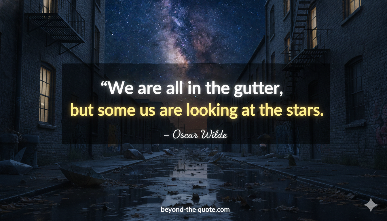An alleyway at night with puddles reflecting the vibrant Milky Way above, featuring Oscar Wilde's quote "We are all in the gutter, but some of us are looking at the stars"