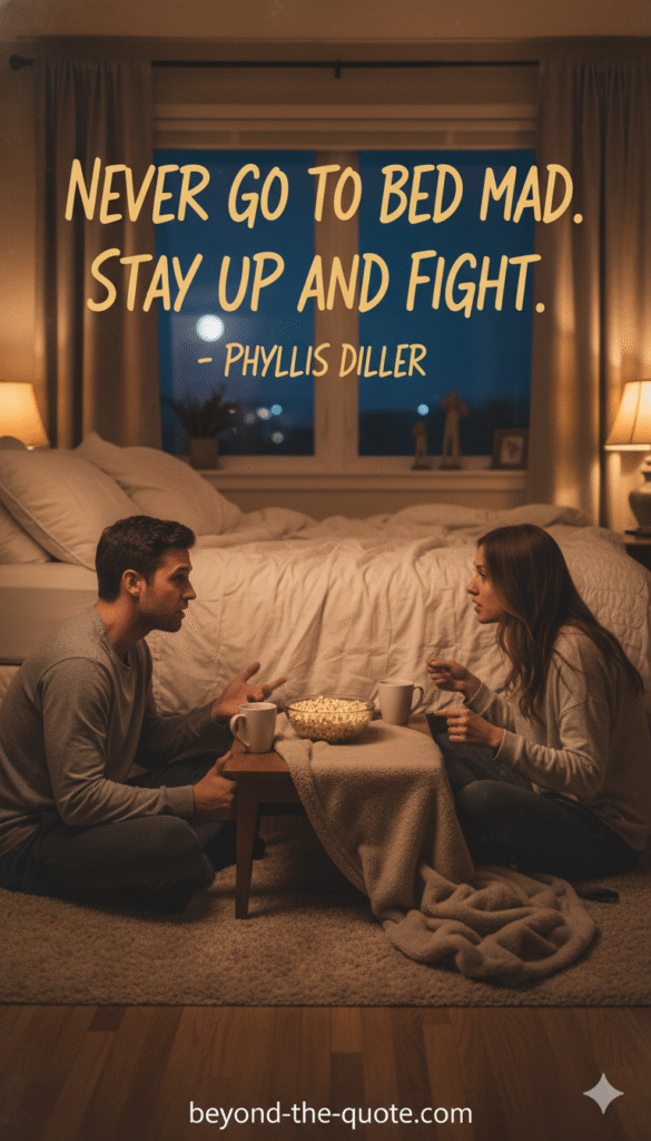  A couple sits on the floor of their bedroom facing each other, with the quote "Never go to bed mad. Stay up and fight." by Phyllis Diller