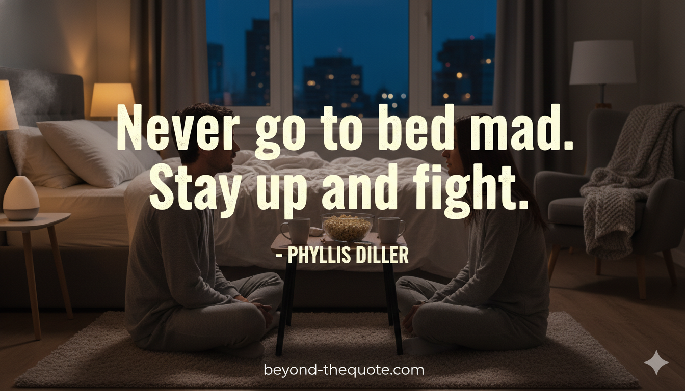 A couple sits on the floor of their bedroom facing each other, with the quote "Never go to bed mad. Stay up and fight." by Phyllis Diller