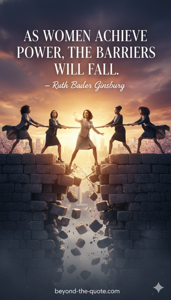 A group of five diverse women in professional attire stand confidently on stone steps, with a backdrop of a city skyline and crumbling barriers under a clear sky, featuring Ruth Bader Ginsburg's quote