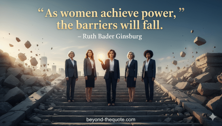 A group of five diverse women in professional attire stand confidently on stone steps, with a backdrop of a city skyline and crumbling barriers under a clear sky, featuring Ruth Bader Ginsburg's quote