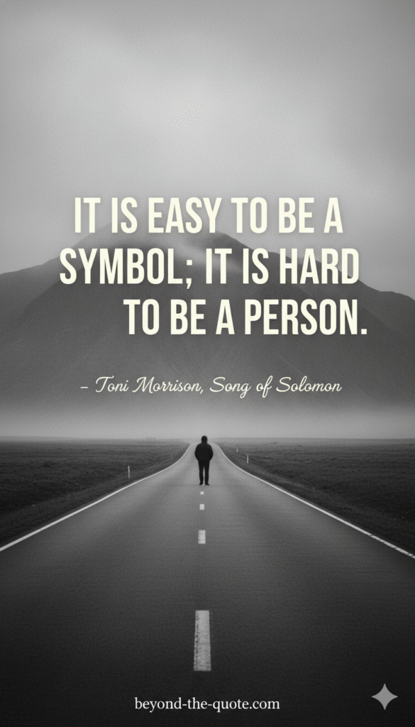 Gemini Create an appropriate background to match the quote. Make sure the quote is in very large text. Gemini you pick the appropriate font and color for the quote. Quote: "It is easy to be a symbol; it is hard to be a person." - Toni Morrison, Song of Solomon