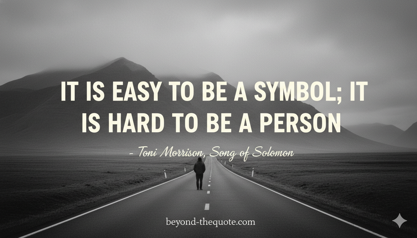 Gemini Create an appropriate background to match the quote. Make sure the quote is in very large text. Gemini you pick the appropriate font and color for the quote. Quote: "It is easy to be a symbol; it is hard to be a person." - Toni Morrison, Song of Solomon