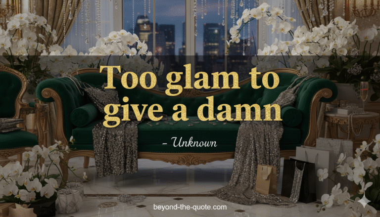 A luxurious, glamorously decorated room with a green velvet sofa draped with sequined dresses, featuring the quote "Too glam to give a damn"