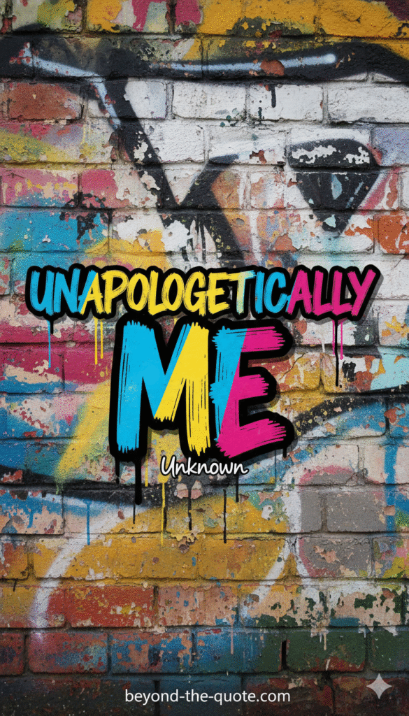 The quote "Unapologetically Me" in bold, colorful graffiti-style text is overlaid on a vibrant, distressed brick wall covered in street art, with "Unknown"