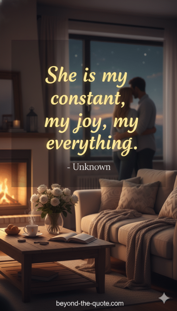 An intimate indoor scene with a couple embracing in the background, a lit fireplace, and a cozy living room, featuring the quote "She is my constant, my joy, my everything"