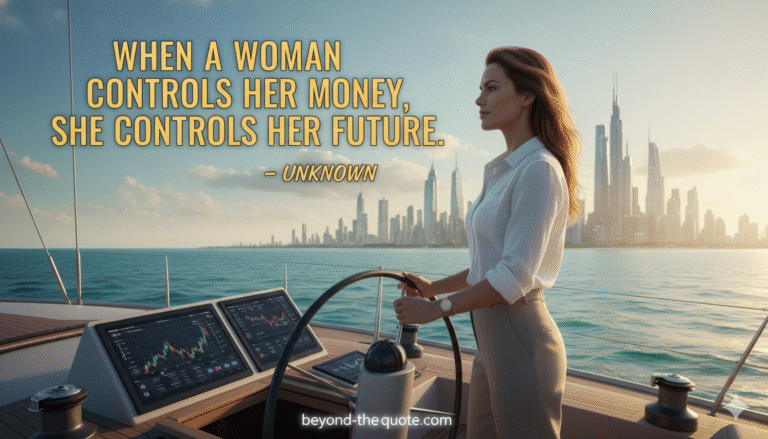 A strong woman stands at the helm of a luxurious yacht, confidently steering it towards a modern city skyline at sunset, with the quote "When a woman controls HER money, she controls HER future." emblazoned across the sky.