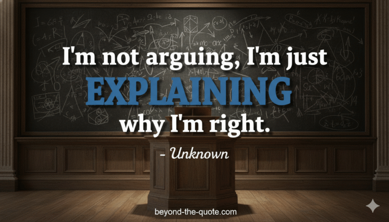 A dramatic, darkly lit courtroom scene with a spotlight on a large blackboard displaying the quote "I'm not ARGUING, I'm just EXPLAINING why I'm right."