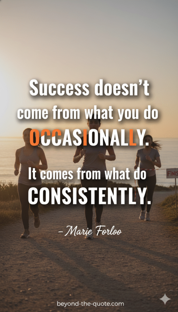 Three women are exercising on a path near the ocean at sunset, with one stretching, one jogging, and one nearing a "FINISH" line sign, overlaid with Marie Forleo's quote on success.