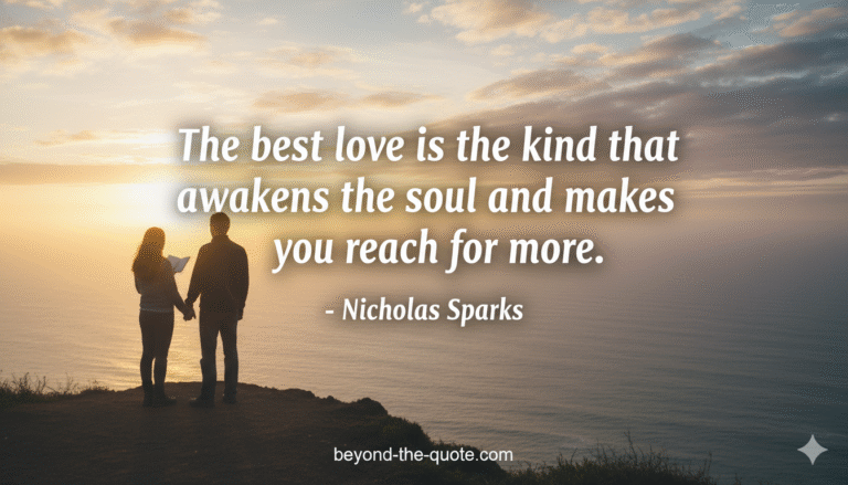 A man and a woman hold hands on a cliff overlooking the ocean at sunset, with a quote about love overlaid in the center.