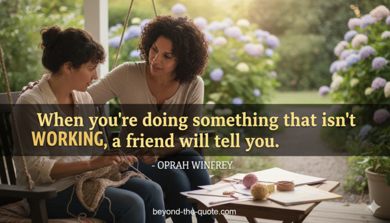 A supportive image of two women, one gently advising the other on a porch swing, with Oprah Winfrey's quote about friendship and truth