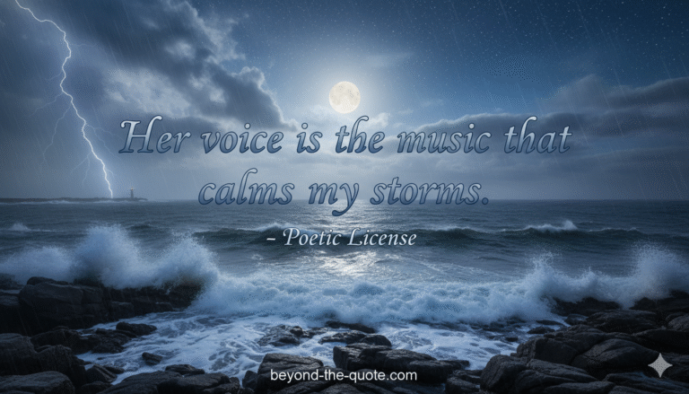 A dramatic night seascape with crashing waves, a lighthouse in the distance, lightning striking from a stormy sky, and a bright full moon, with the quote "Her voice is the music that calms my storms. - Poetic License"
