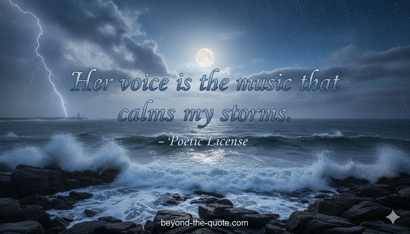 A dramatic night seascape with crashing waves, a lighthouse in the distance, lightning striking from a stormy sky, and a bright full moon, with the quote "Her voice is the music that calms my storms. - Poetic License"