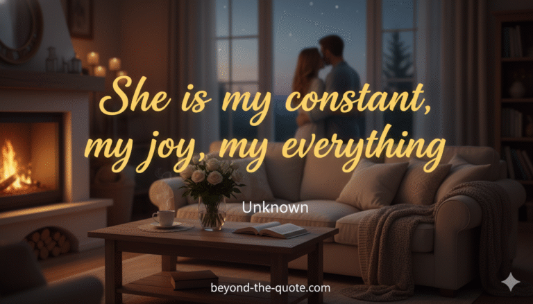 An intimate indoor scene with a couple embracing in the background, a lit fireplace, and a cozy living room, featuring the quote "She is my constant, my joy, my everything"