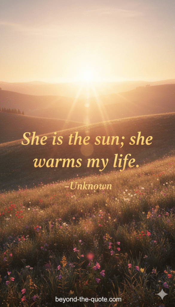 A stunning sunset over a winding river and green fields, with the quote "She is the sun; she warms my life." -Unknown, in elegant gold text, centered on the image