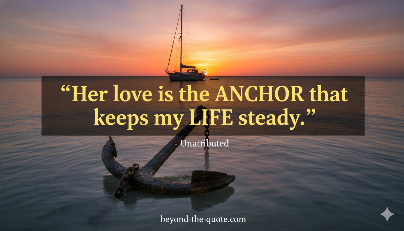 An old anchor rests in shallow water with a sailboat in the background at sunset, overlaid with the quote "Her love is the ANCHOR that keeps my LIFE steady."