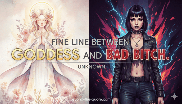 An image split down the middle, with a serene, haloed goddess on the left and a fierce, leather-clad woman on the right, overlaid with the quote "FINE LINE BETWEEN GODDESS AND BAD BITCH. -UNKNOWN"