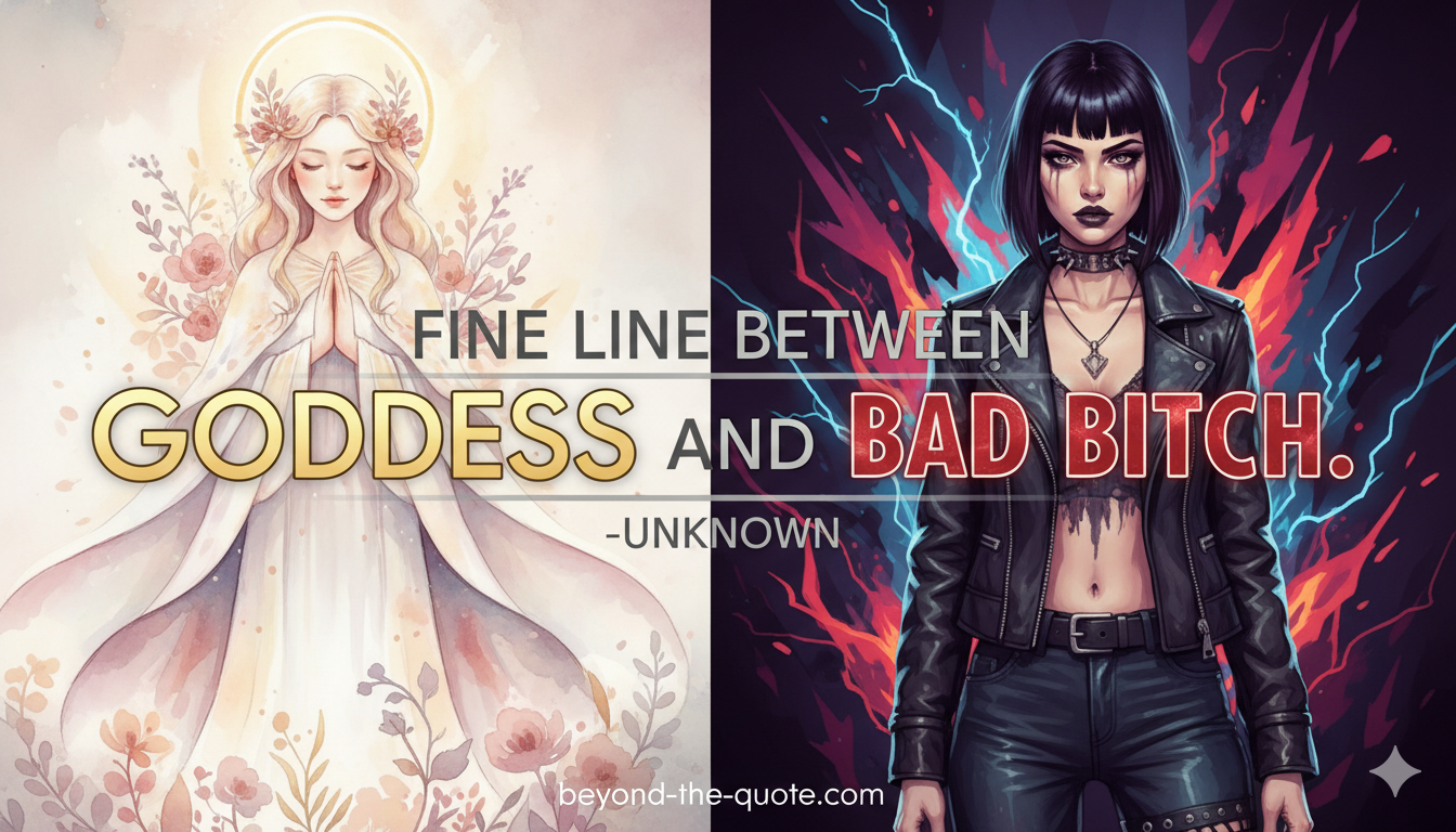 An image split down the middle, with a serene, haloed goddess on the left and a fierce, leather-clad woman on the right, overlaid with the quote "FINE LINE BETWEEN GODDESS AND BAD BITCH. -UNKNOWN"