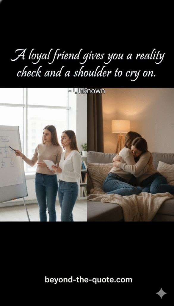 A diptych image showing two women on the left in a professional setting having a serious discussion and two women on the right in a home setting, one comforting the other, with the quote "A loyal friend gives you a reality check and a shoulder to cry on. - Unknown"
